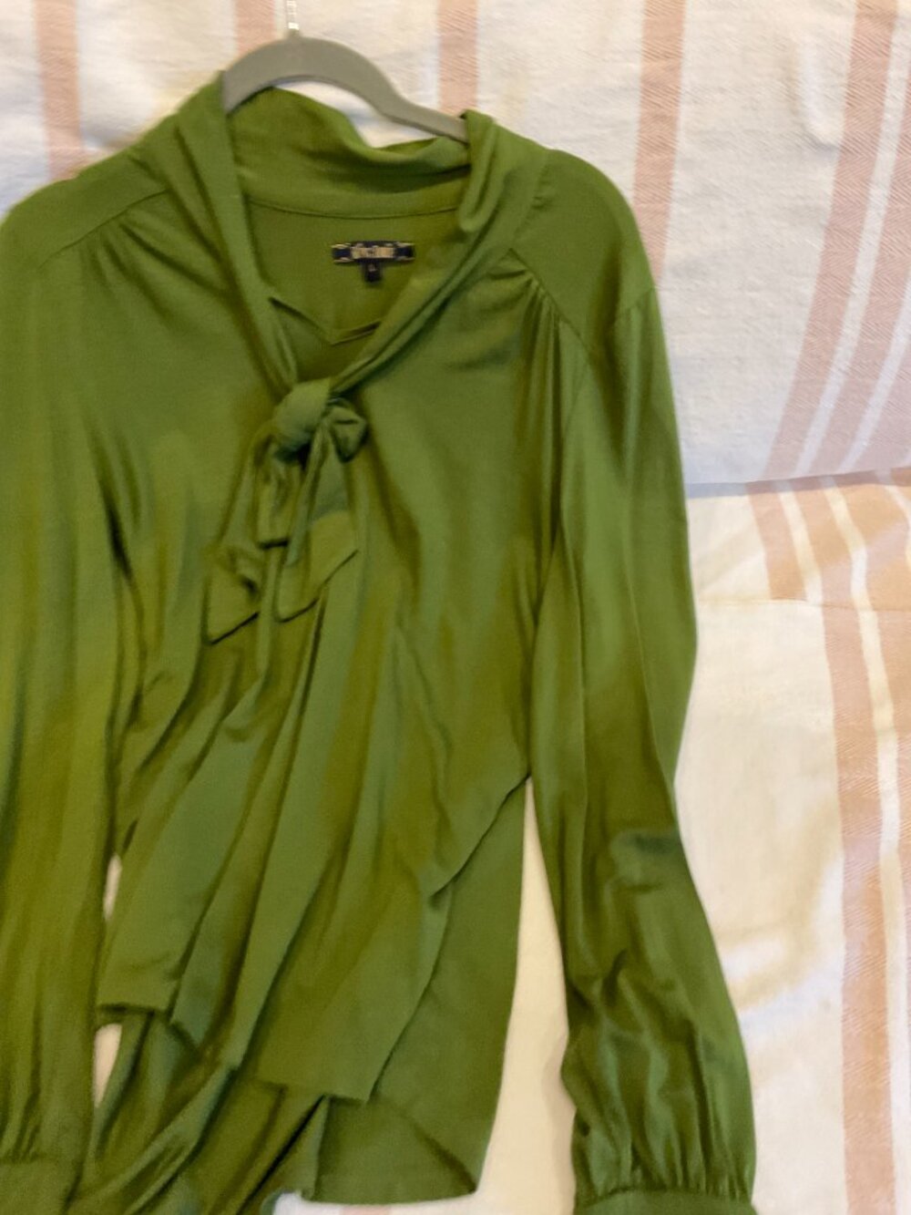 French King Louie Olive Green Tie-Neck Long Sleeve Blouse | L - Picture 2 of 4